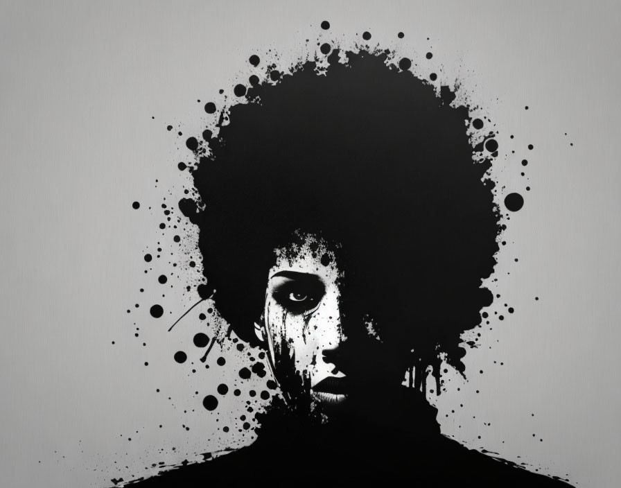 Monochromatic afro silhouette with ink splatter effects