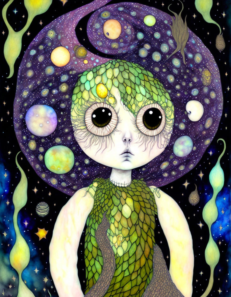 Character with Large Eyes & Green Scale Texture in Cosmic Setting