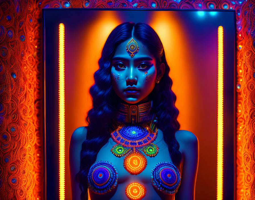 Woman with Blue and Orange Glowing Makeup in Ornate Setting with Neon Lights and Peacock Feathers