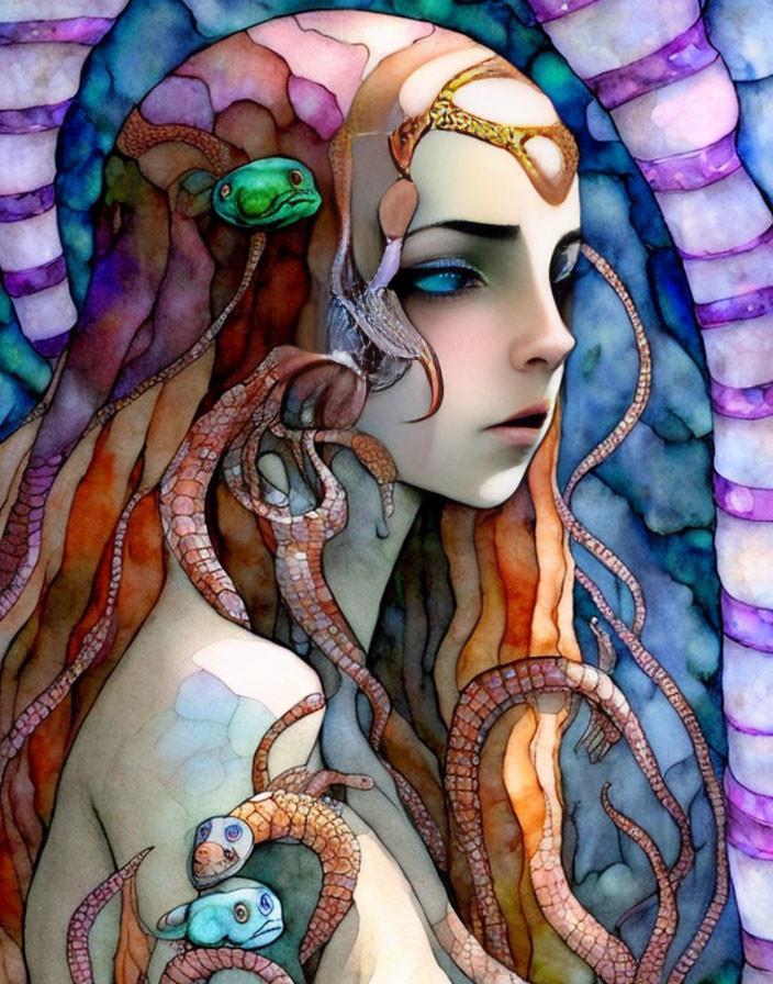 Surreal portrait of woman with tentacle-like hair and octopuses in purples and