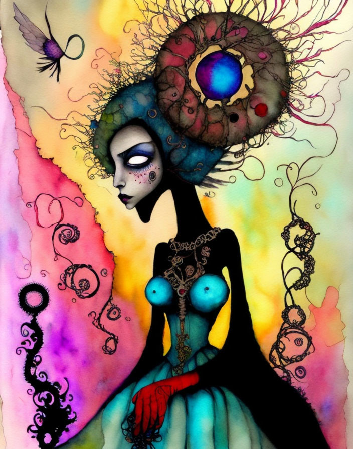 Colorful Watercolor Illustration of Female Figure with Elaborate Headpiece