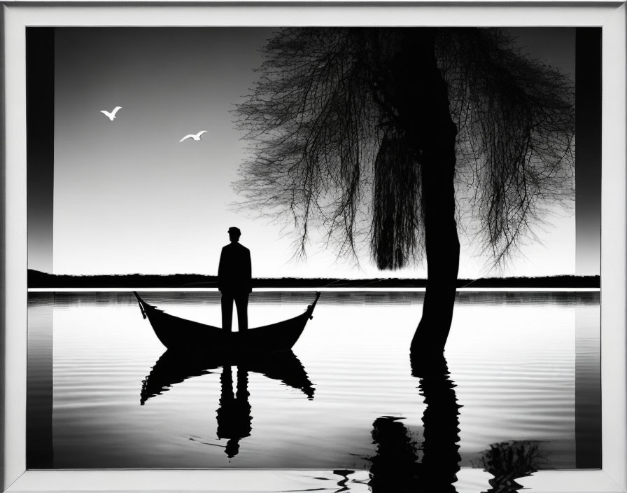 Silhouette of person in boat under tree with flying birds reflected on water