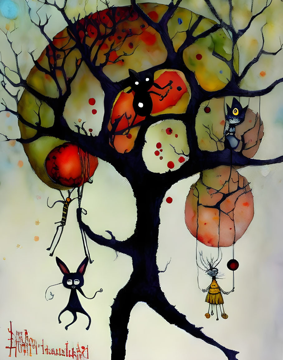 Colorful surreal painting with cartoonish creatures and black tree