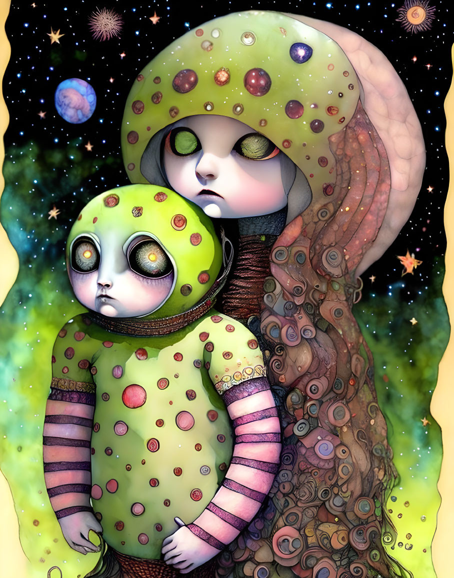 Two otherworldly figures with green skin in cosmic setting