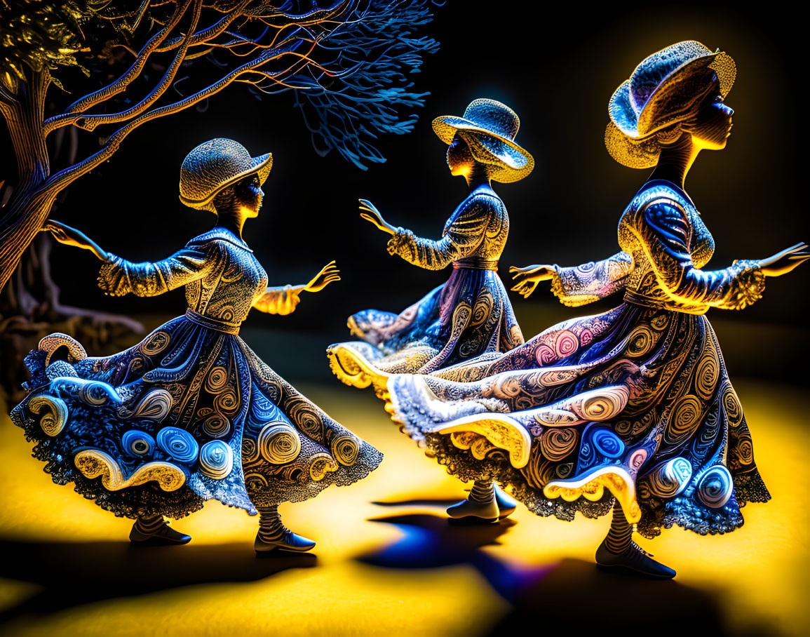 Intricate ornamental figurines of women in swirling dresses and hats under dramatic yellow and blue lighting