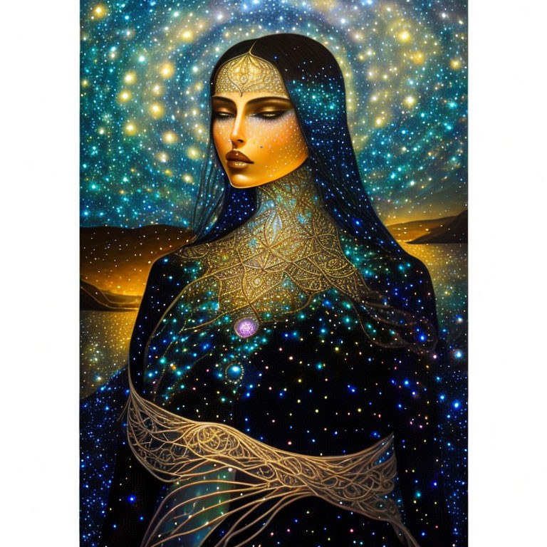 Illustration of woman merged with cosmic backdrop and golden patterns