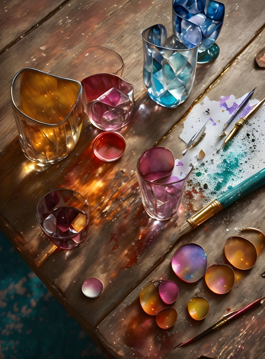 Vibrant splattered glasses on wooden table with colorful brushes