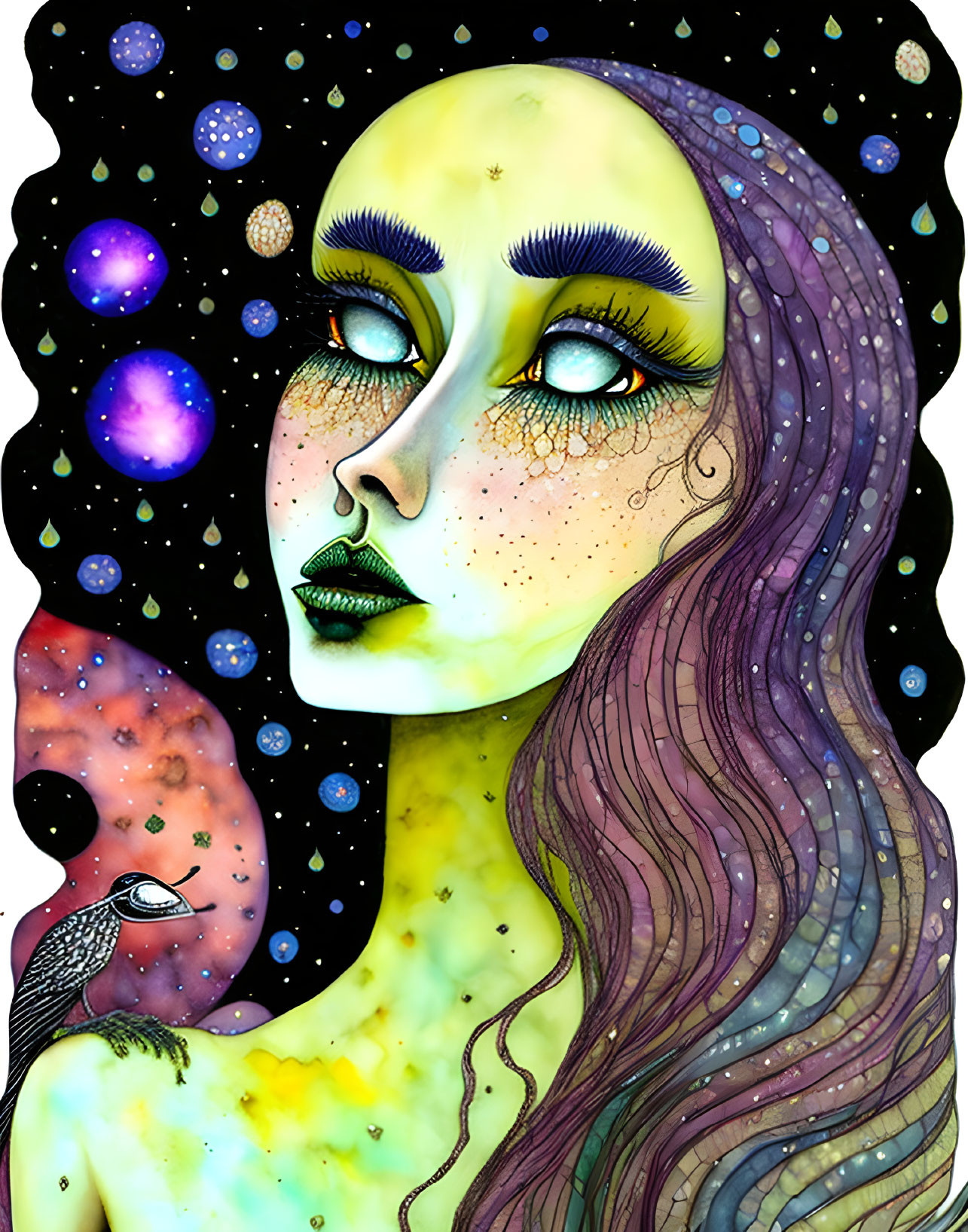 Vibrant cosmic-themed woman illustration with space and bird details