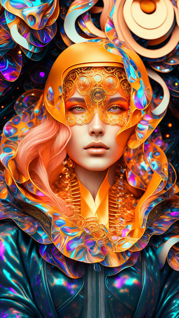 Peach-haired woman in golden mask with blue iridescent shapes