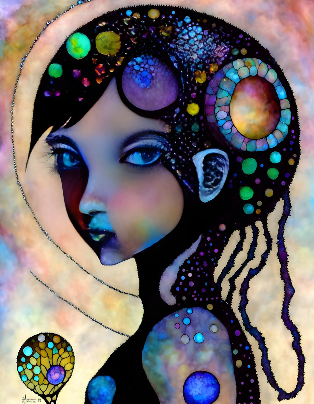 Colorful Stylized Portrait of Girl with Circular Patterns in Dreamlike Setting