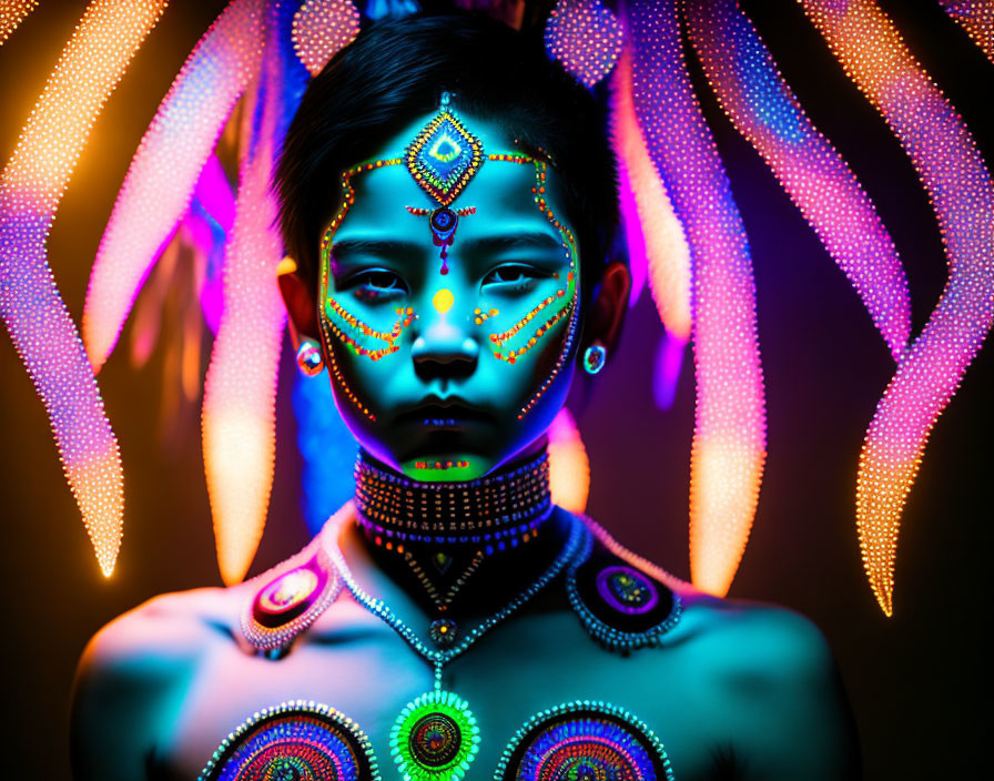 Child with neon face paint and purple lights backdrop