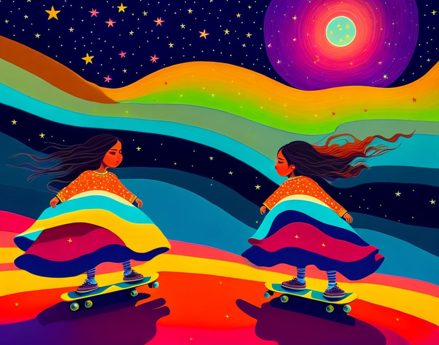 Two girls skateboarding in colorful, swirling landscape