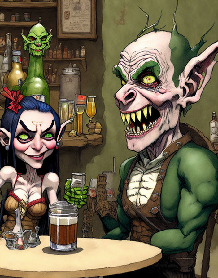 Colorful Cartoon Goblins in Bar Setting