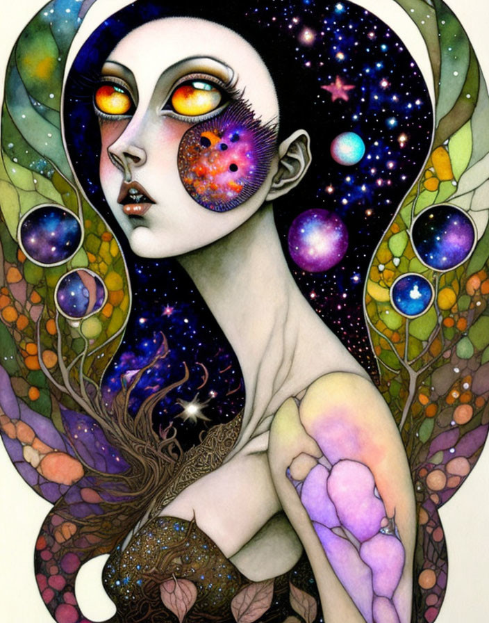 Woman with butterfly wings and cosmic face in colorful surreal style