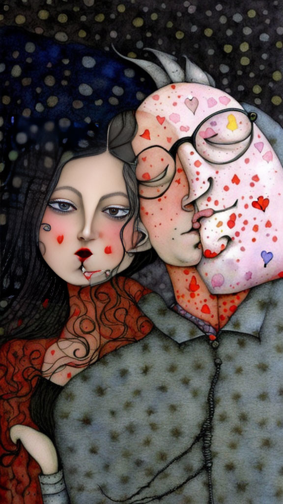 Illustrated Couple Embracing: Woman in Red Top, Male Figure with Horns and Hearts