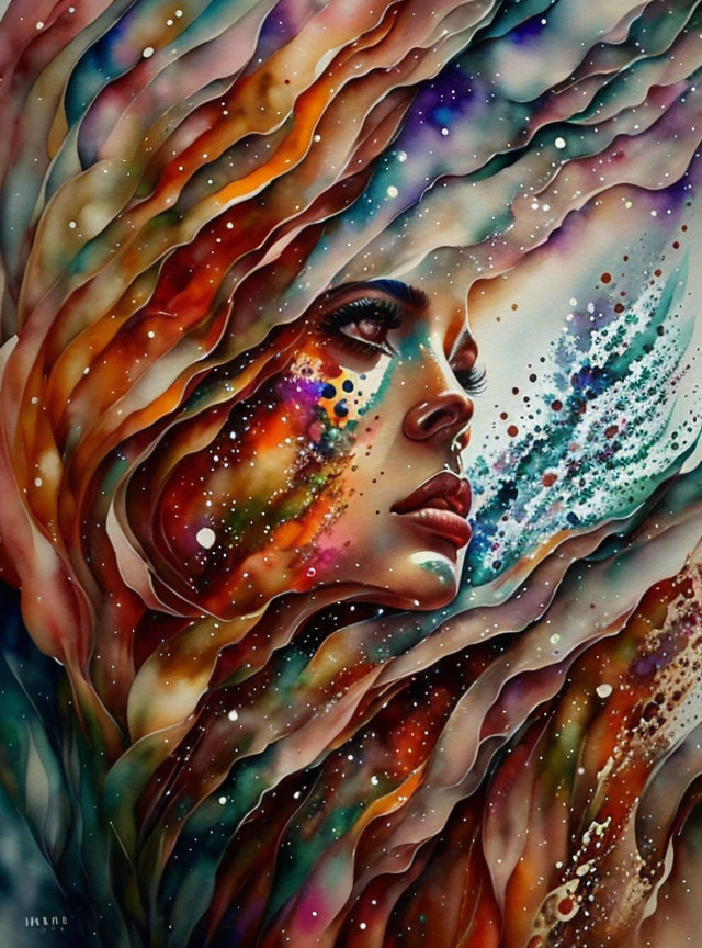 Colorful portrait of woman with flowing hair in cosmic background.