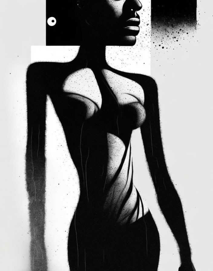 Monochrome artistic representation of a female figure with abstract splatter textures