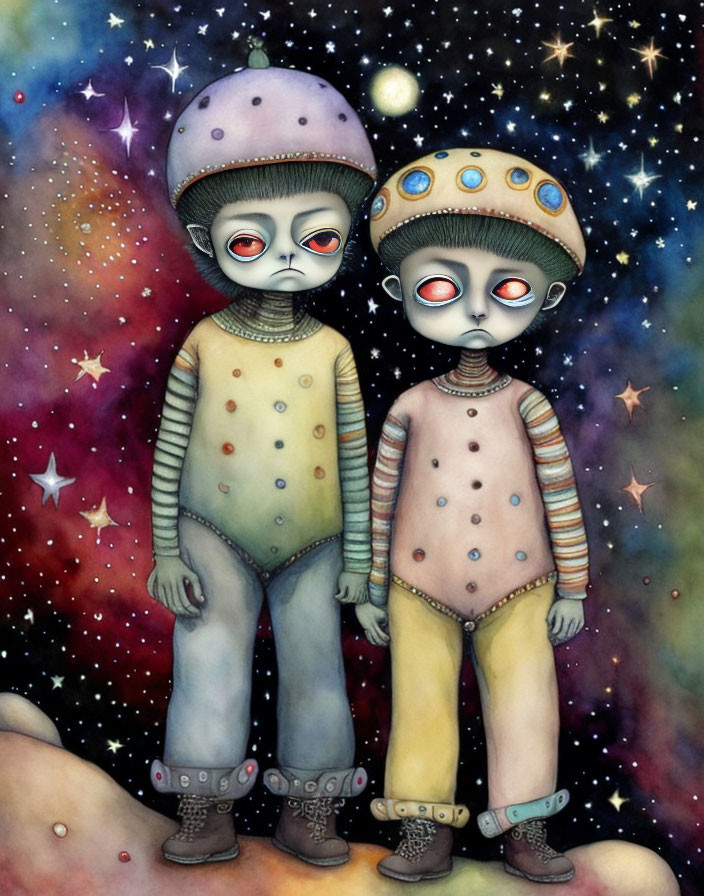 Illustrated Characters in Space Helmets and Vintage Suits under Starry Cosmos