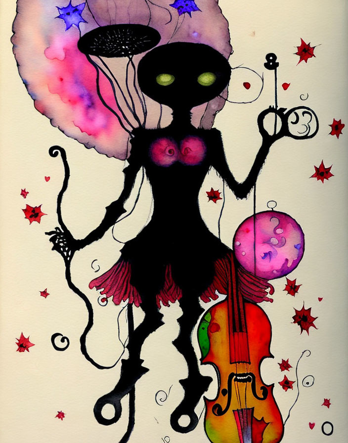 Alien-like figure with cello in surreal artwork