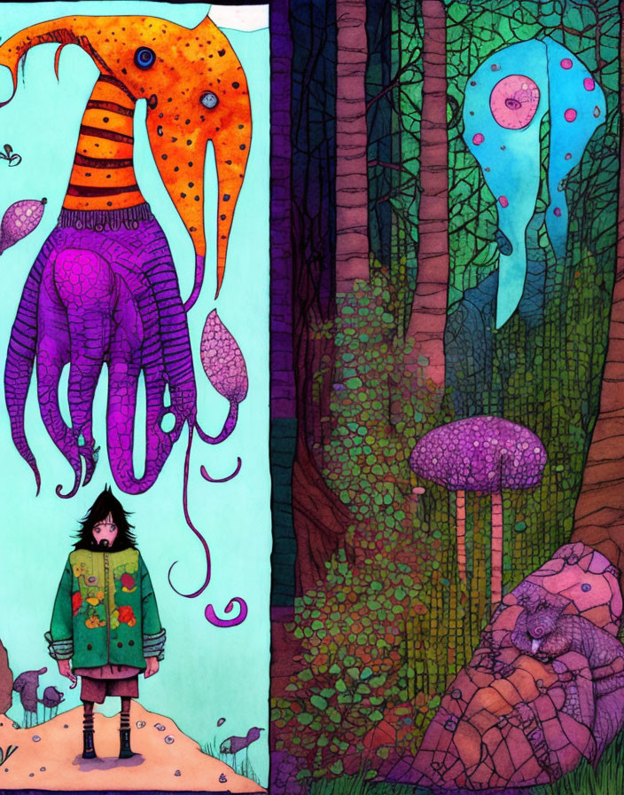 Colorful Mushroom Forest with Whimsical Creatures