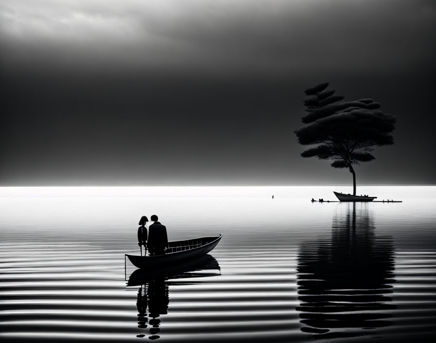 Two individuals in a boat near a lone tree on a small island with birds flying above, reflected in