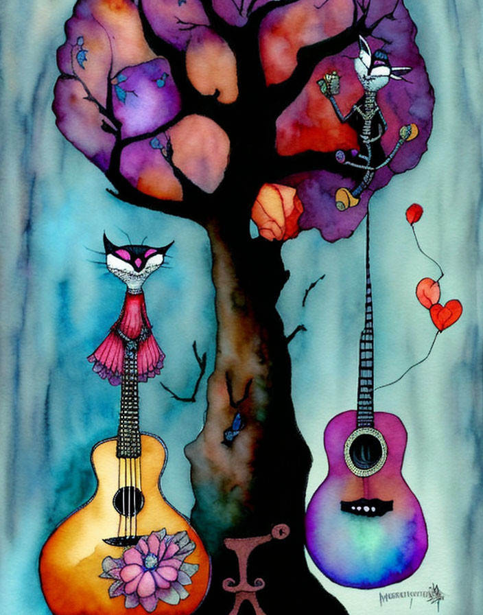 Colorful watercolor painting featuring stylized tree, guitars, hearts, and whimsical character