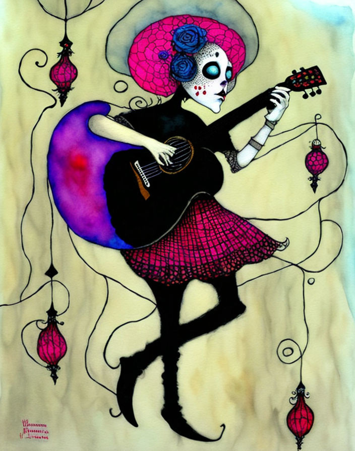 Stylized skeletal figure with pink hat playing guitar in Day of the Dead scene