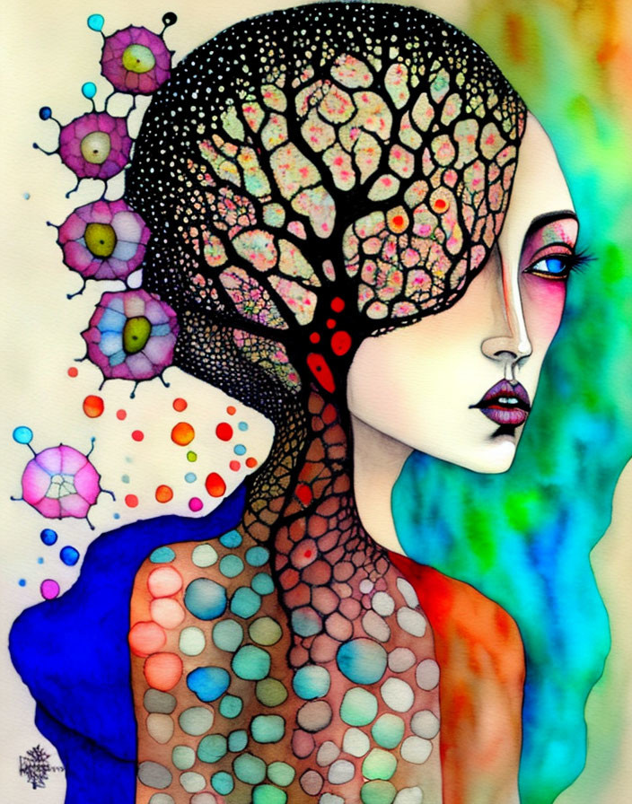 Vibrant surrealist portrait of a woman with tree-like pattern and dream-like background