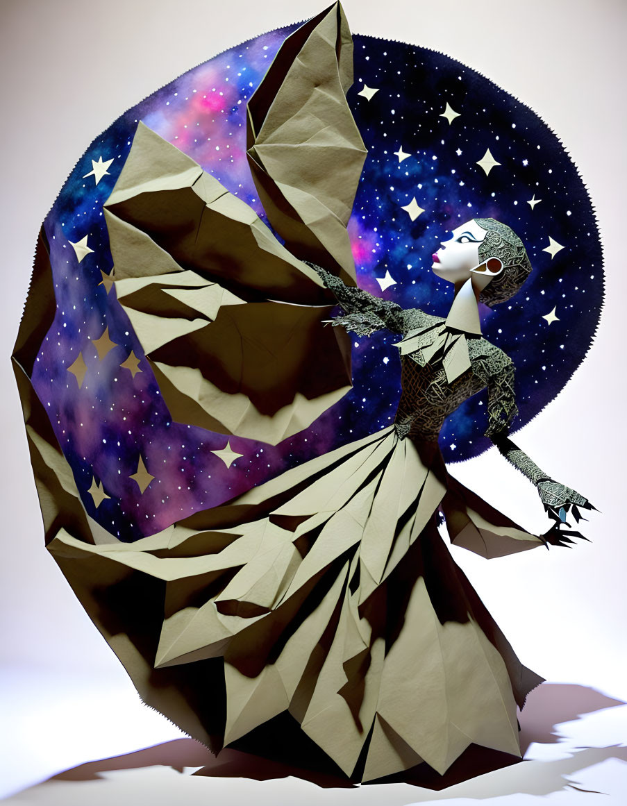 Geometric gown on stylized figure in cosmic setting