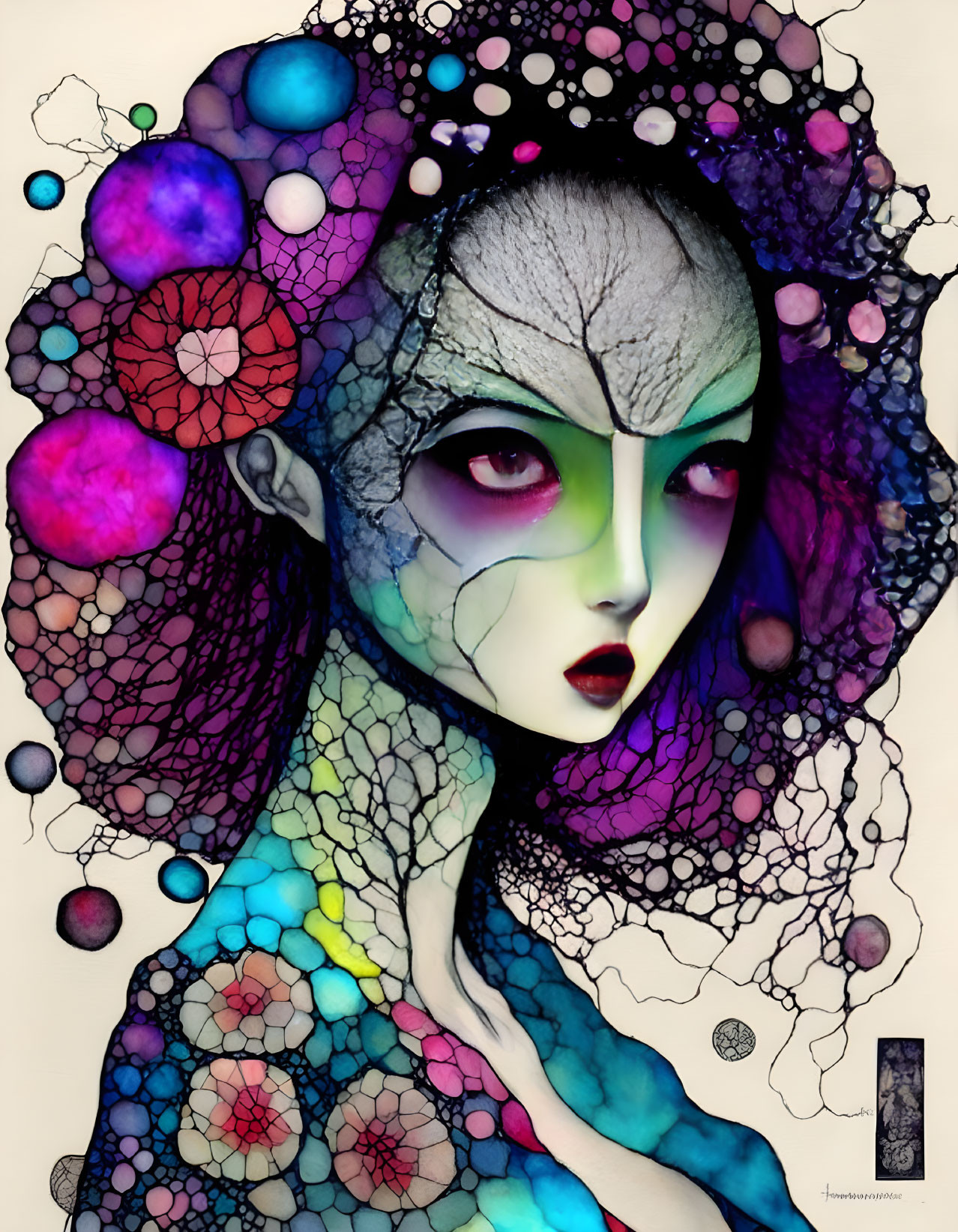 Colorful floral patterns woman with green eyes and purple hues.