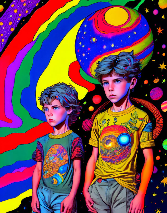 Children in cosmic-themed outfits against vibrant backdrop of planets, stars, and rainbow spectrum