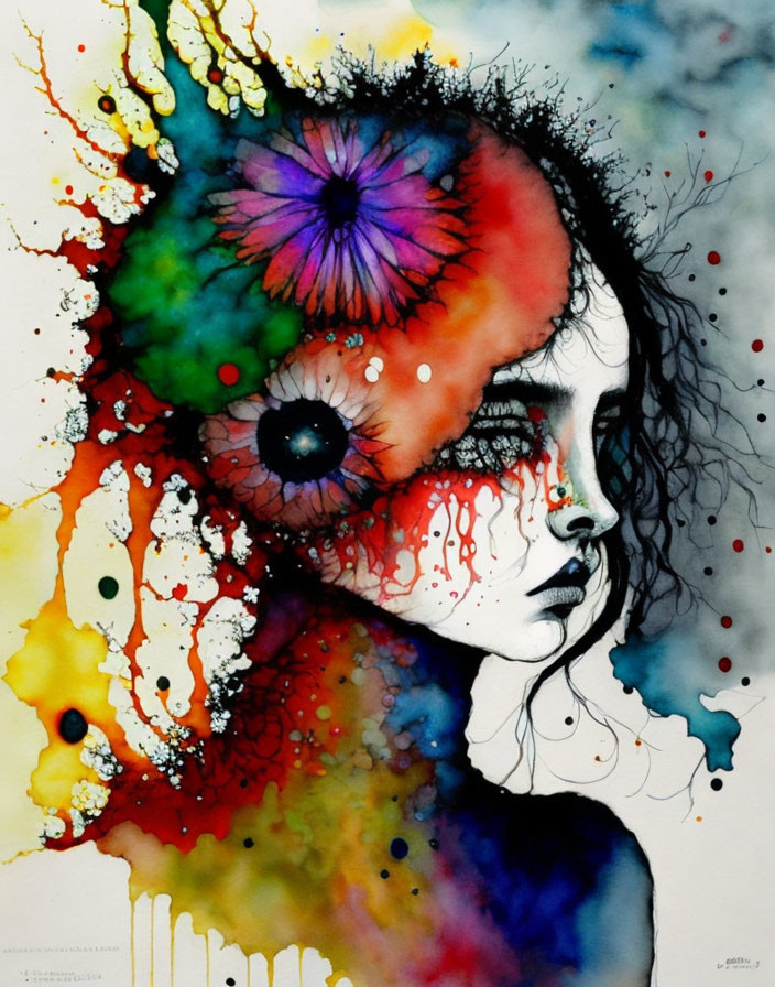 Colorful Watercolor Painting of Woman's Profile with Abstract Floral Splashes