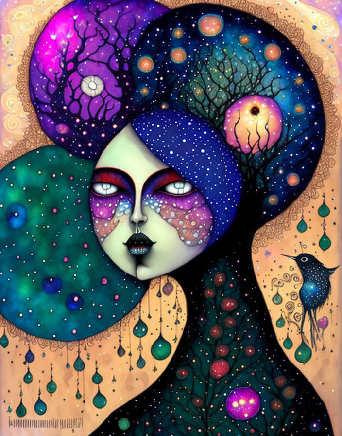 Colorful cosmic woman art with purple tones and intricate patterns