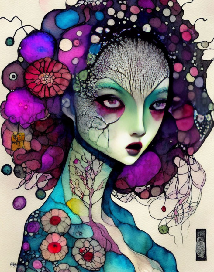 Vibrant floral patterns on female figure in surreal watercolor style