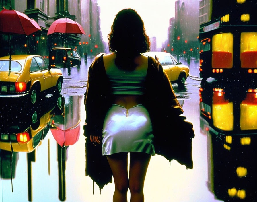 Woman in Rainy City Street at Night with Glowing Taxi Lights