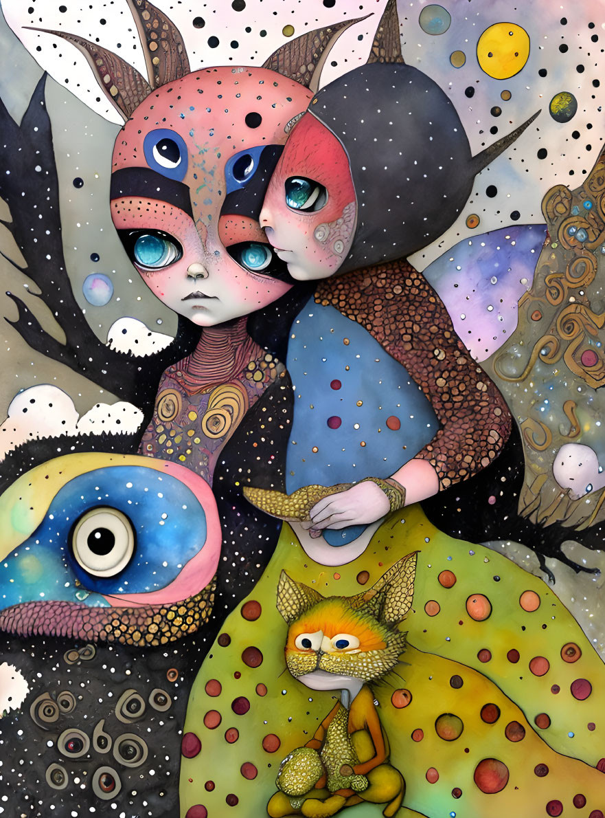 Surreal artwork with large-eyed character, teary-eyed creature, and fox-like being.