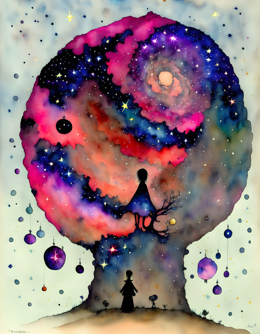 Tree watercolor painting with galaxy-themed canopy and silhouette of person gazing up