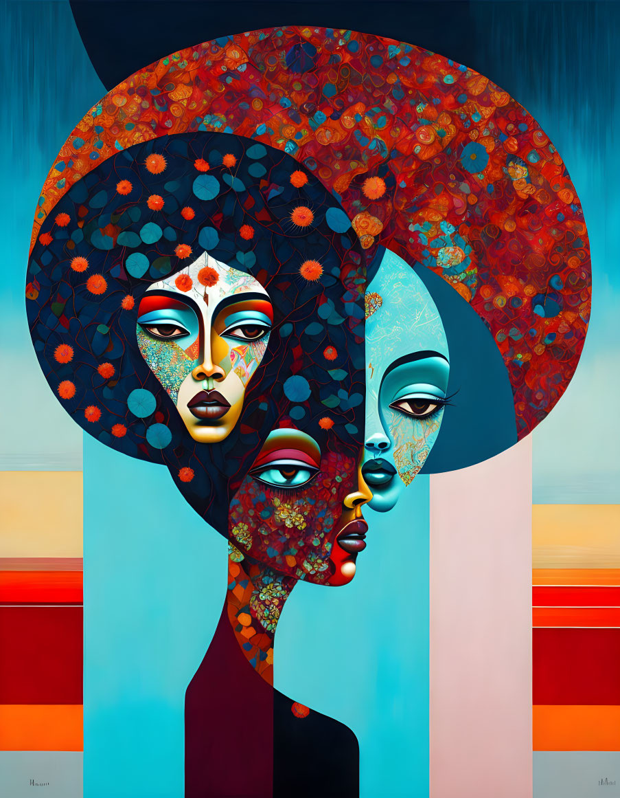 Vibrant Stylized Painting of Three Faces with Shared Eyes