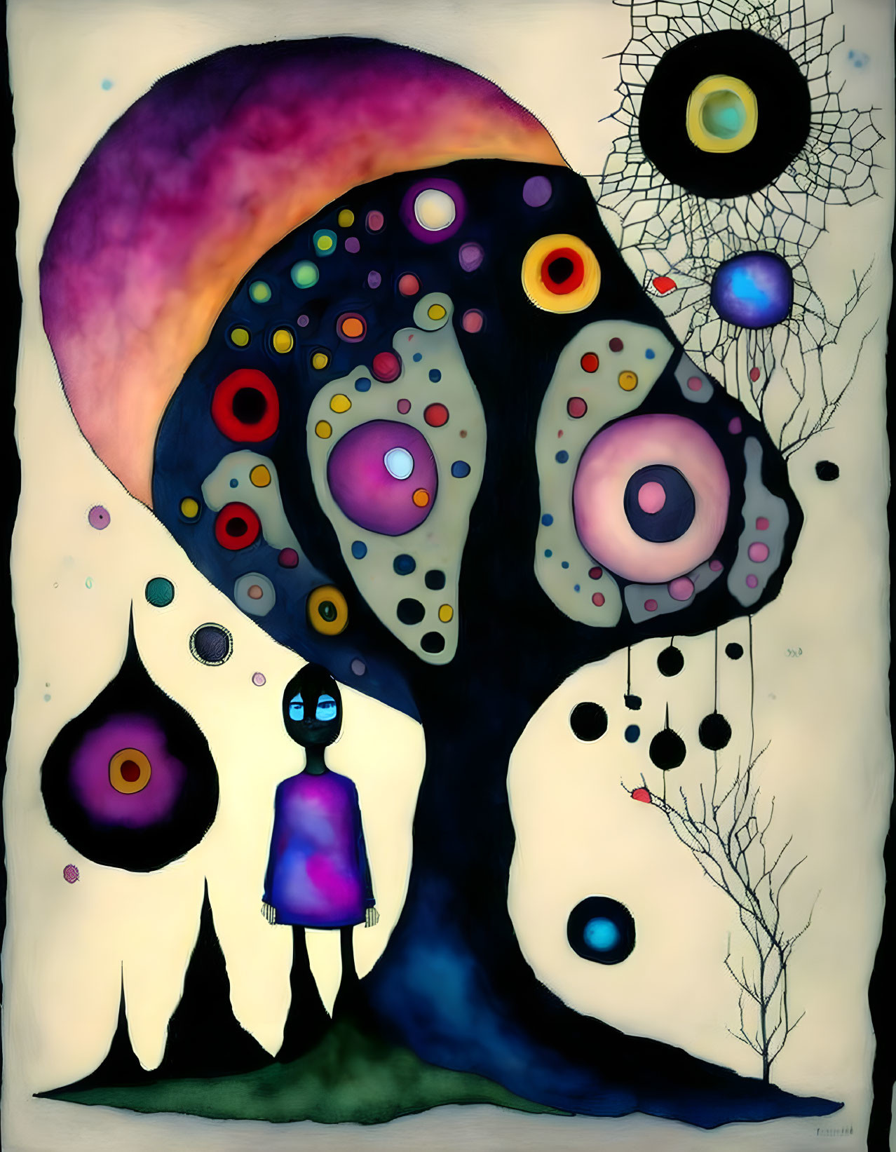 Colorful Surreal Painting with Stylized Tree and Figure