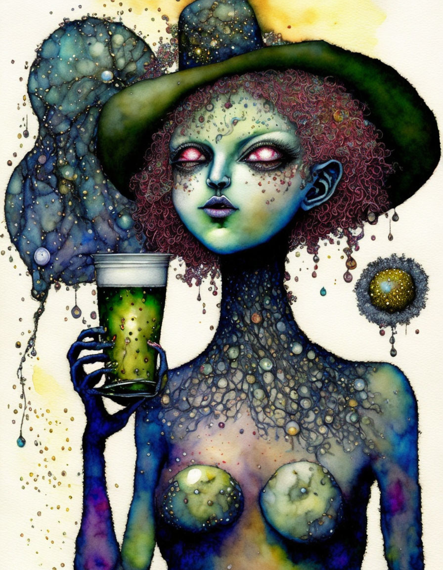 Vibrant cosmic-themed painting of humanoid figure with wide-brimmed hat holding drink cup