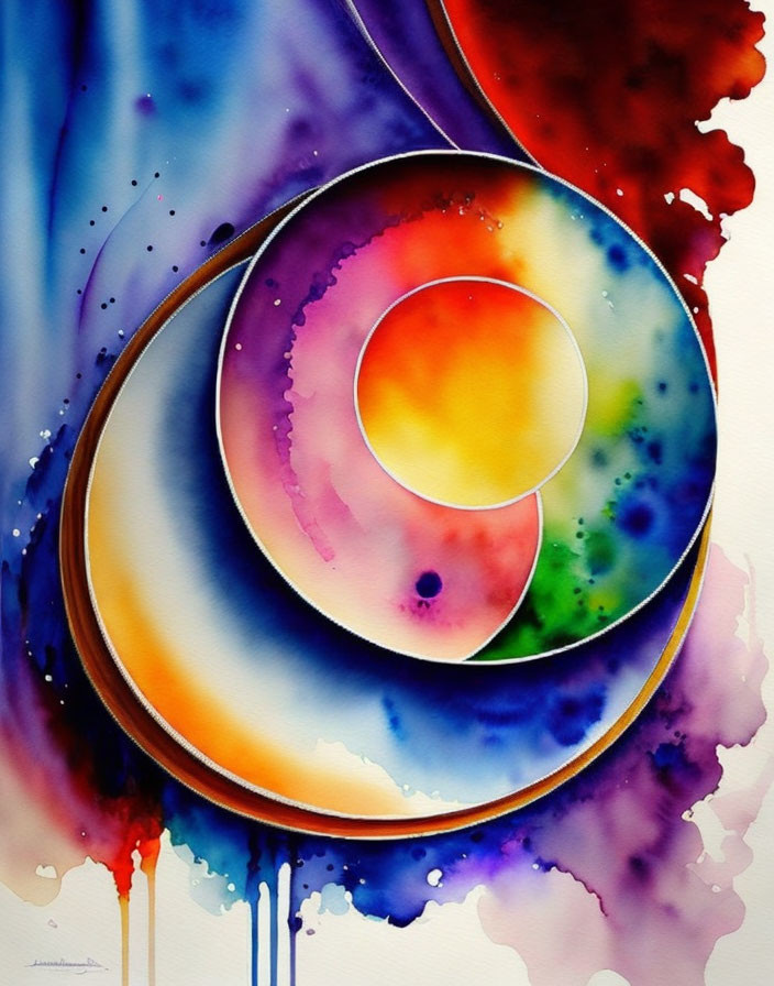 Colorful Watercolor Spiral Painting with Blue, Purple, and Orange Gradient