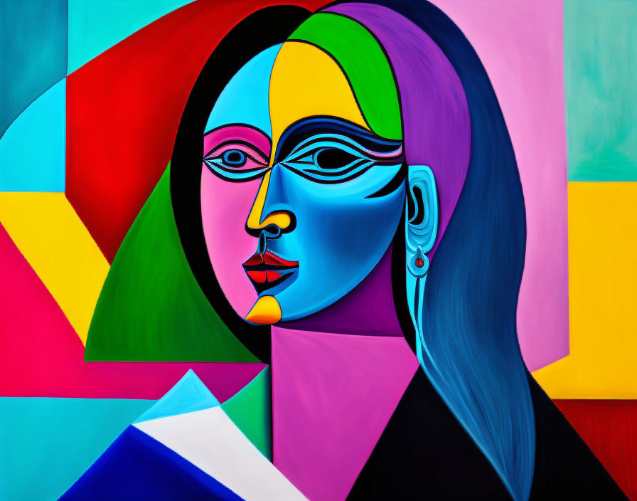 Vibrant Cubist-style Woman Portrait with Geometric Shapes