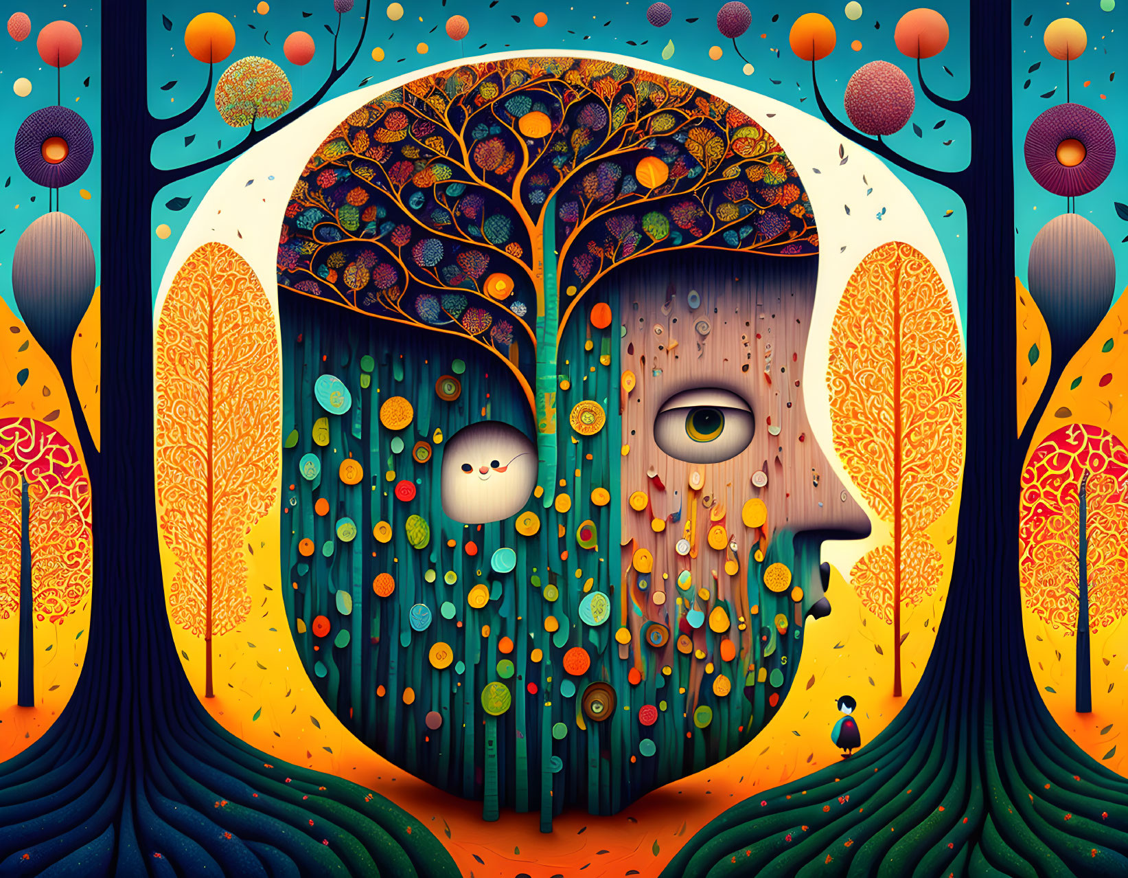 Colorful illustration: stylized face merges with tree in surreal, nature-inspired scene