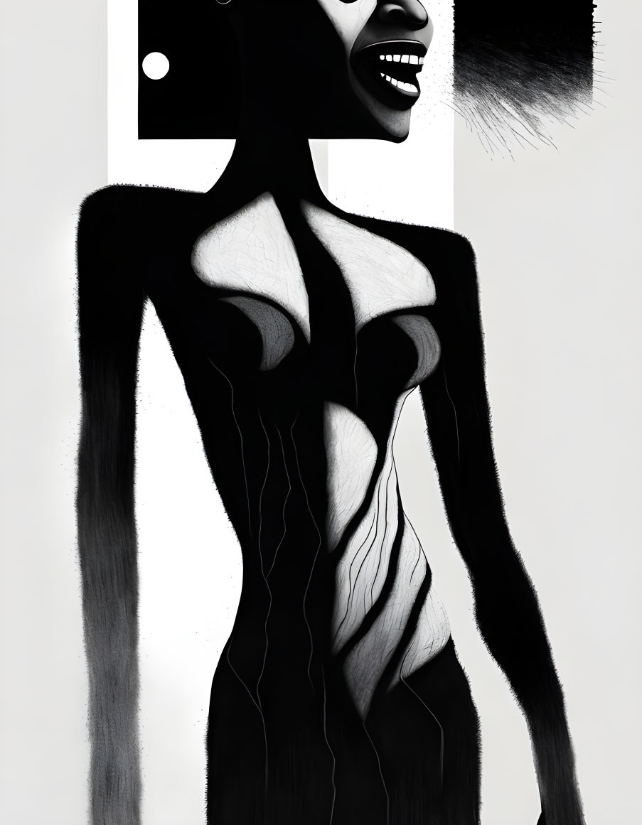 Surreal black and white illustration of stylized figure with elongated limbs and abstract patterns