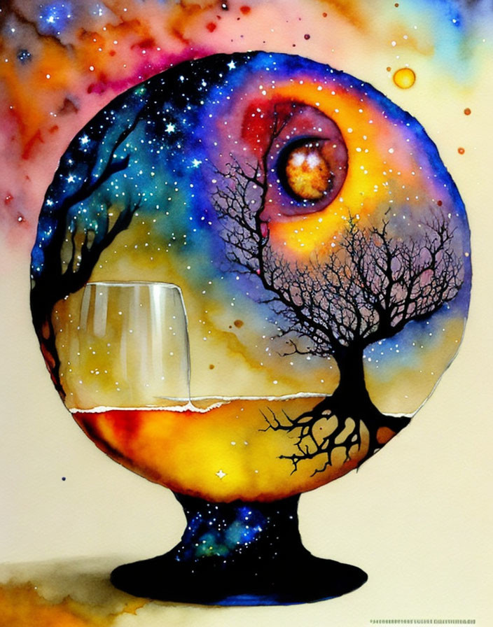 Vibrant Cosmic Scene with Crystal Ball and Sunset Gradient