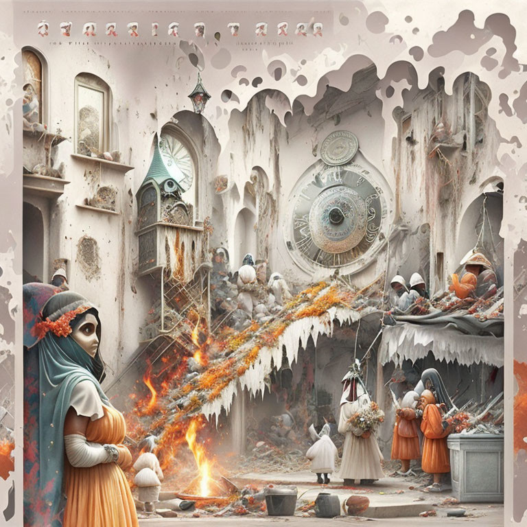 Surreal Middle Eastern architecture with clock, flames, and people in cultural attire