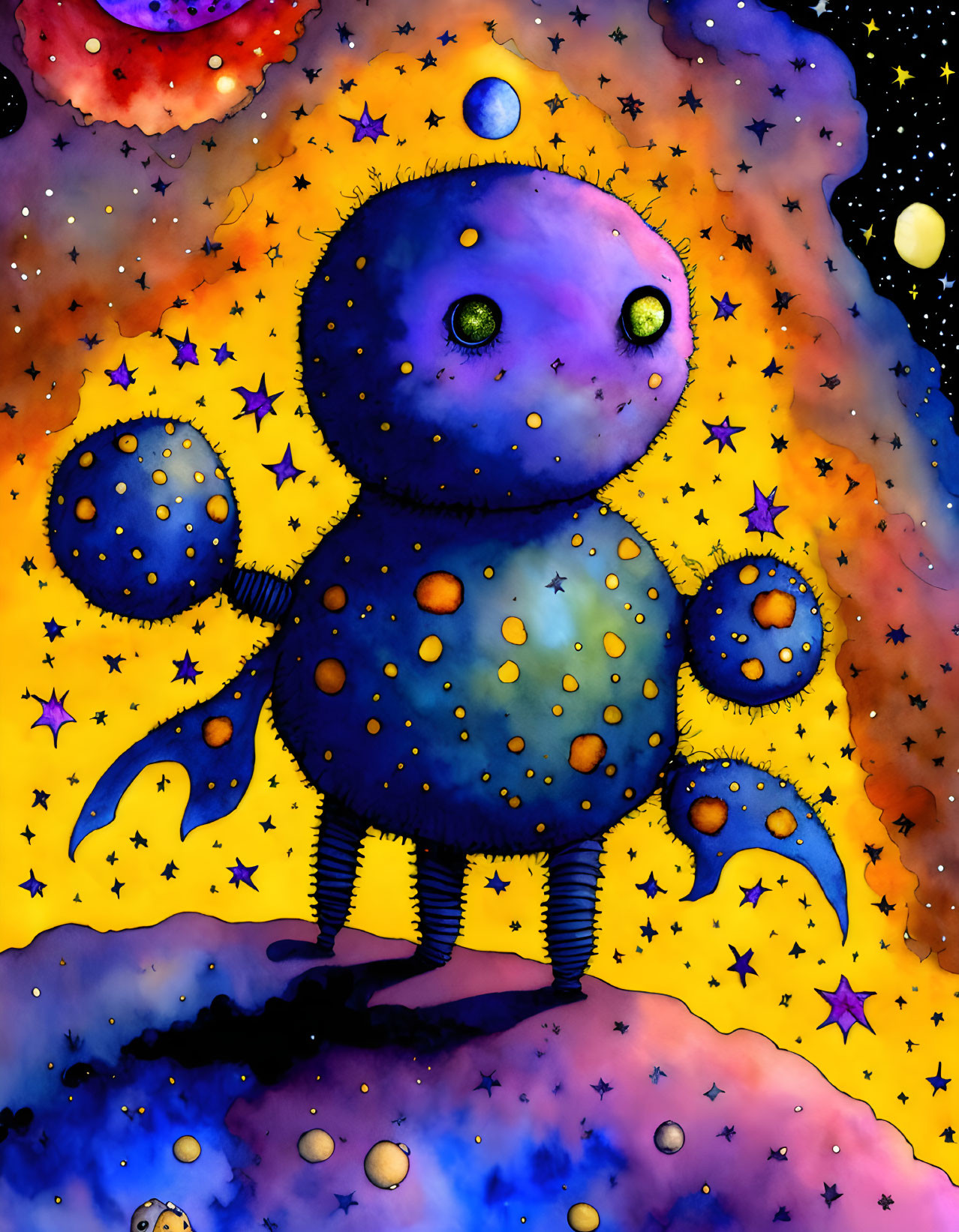 Colorful Whimsical Alien Illustration in Cosmic Setting