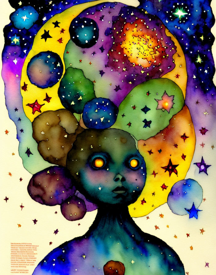 Vibrant cosmic-themed artwork with ethereal figure and celestial elements