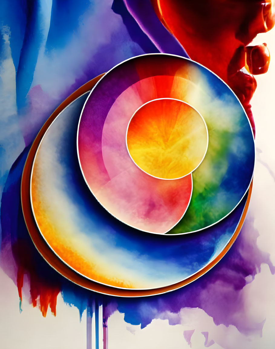 Colorful Abstract Artwork with Central Spiral Design and Ink Blotches