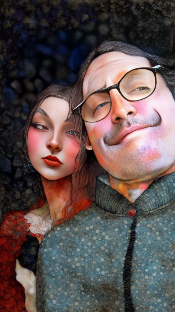 Man with glasses and mustache takes selfie with illustrated woman character